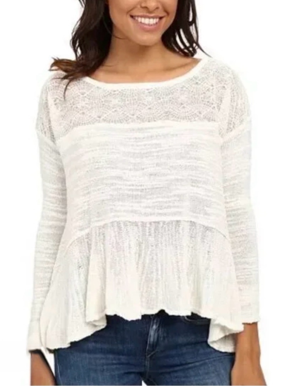 Free People Womens Kristobel Ivory Sweater Tunic Top Boho Cottagecore Sz Large